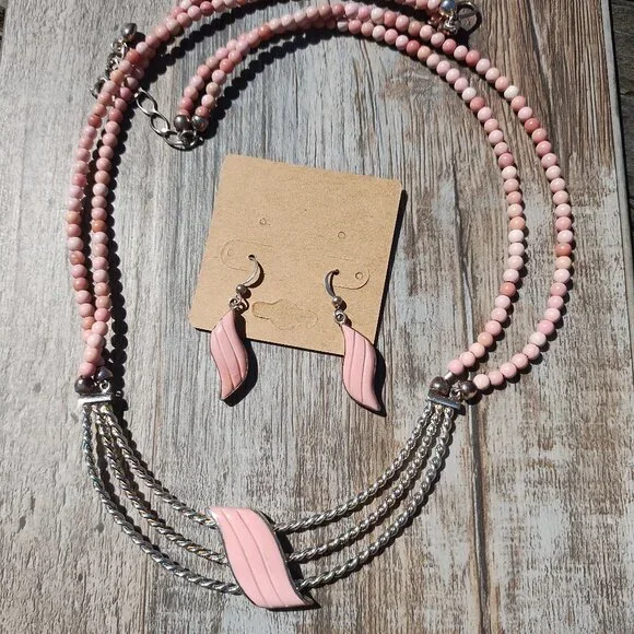 Jay King DTR mine finds carved Wave Pink Opal Necklace Earrings set 925 rare - Picture 7 of 11